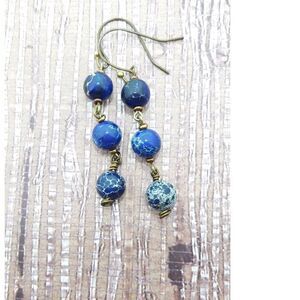 Nautical coastal Blue Bronze dangle French Hook earrings Brown earrings 407■